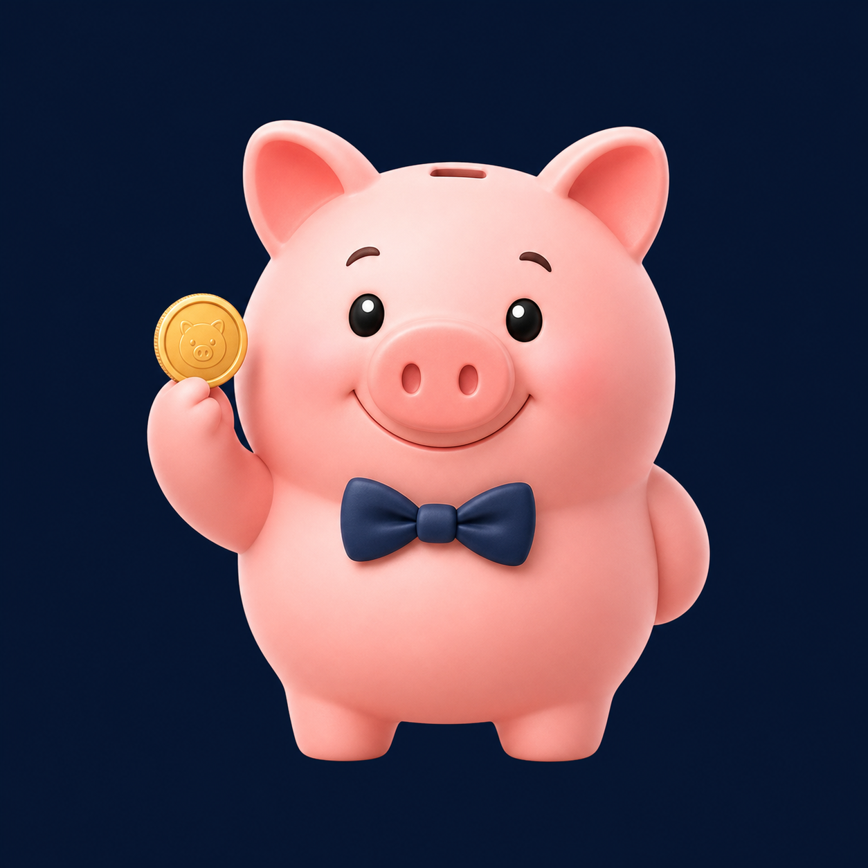 A happy piggy bank holding a coin